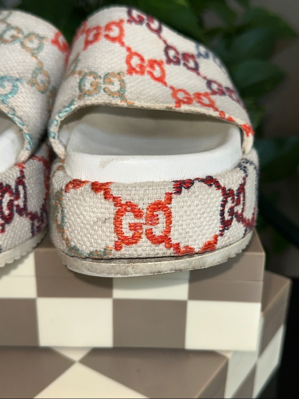 Gucci Multicolor GG Canvas Platform Slides - Ivory Base size 9 used condition 🩵 - Picture 8 of 16